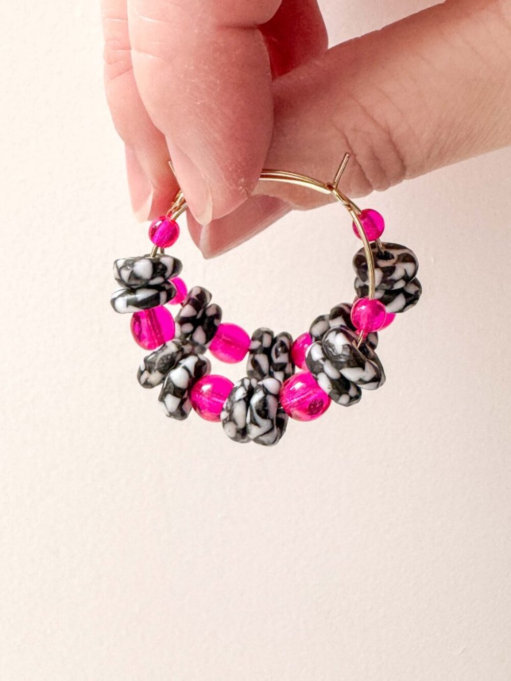 Recycled Glass Hoop Earrings Pink Black White Stainless Steel Beaded - Picture 7 of 12